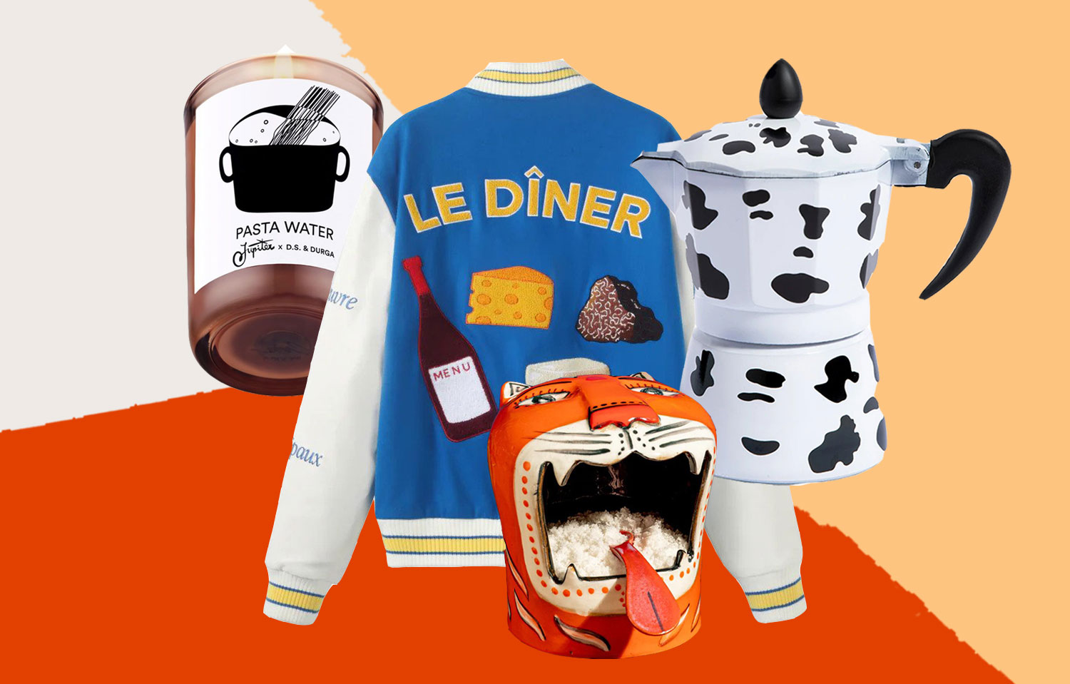 A pasta water candle, Le Diner jacket, moka pot with a cow pattern, and a ceramic salt cellar that looks like a tiger