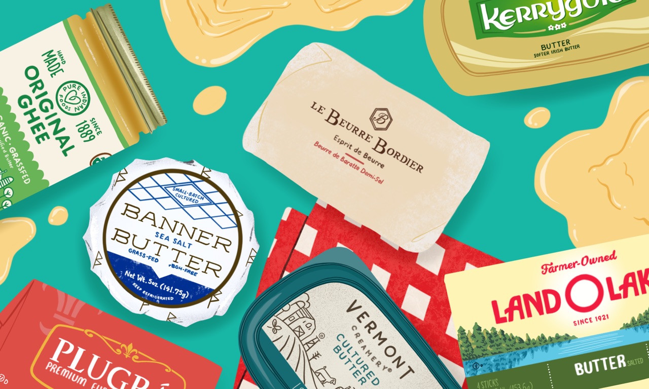 An assortment of packaged butters, including Banner Butter, Land O Lakes, Kerrygold, and Le Beurre Bordier. Illustration.