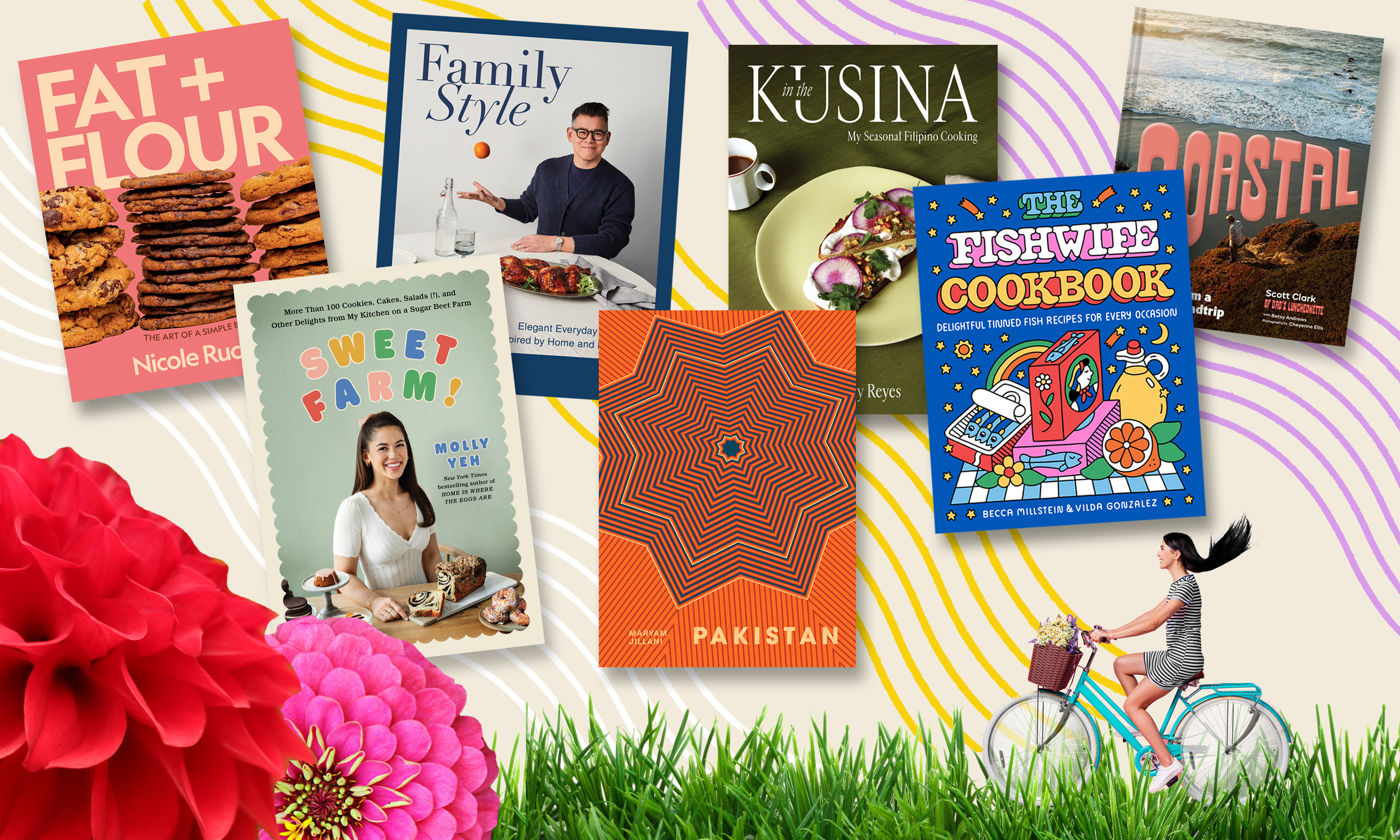 book covers set against a colorful backdrop with blooming flowers and a woman riding a bicycle in the foreground. photo collage.
