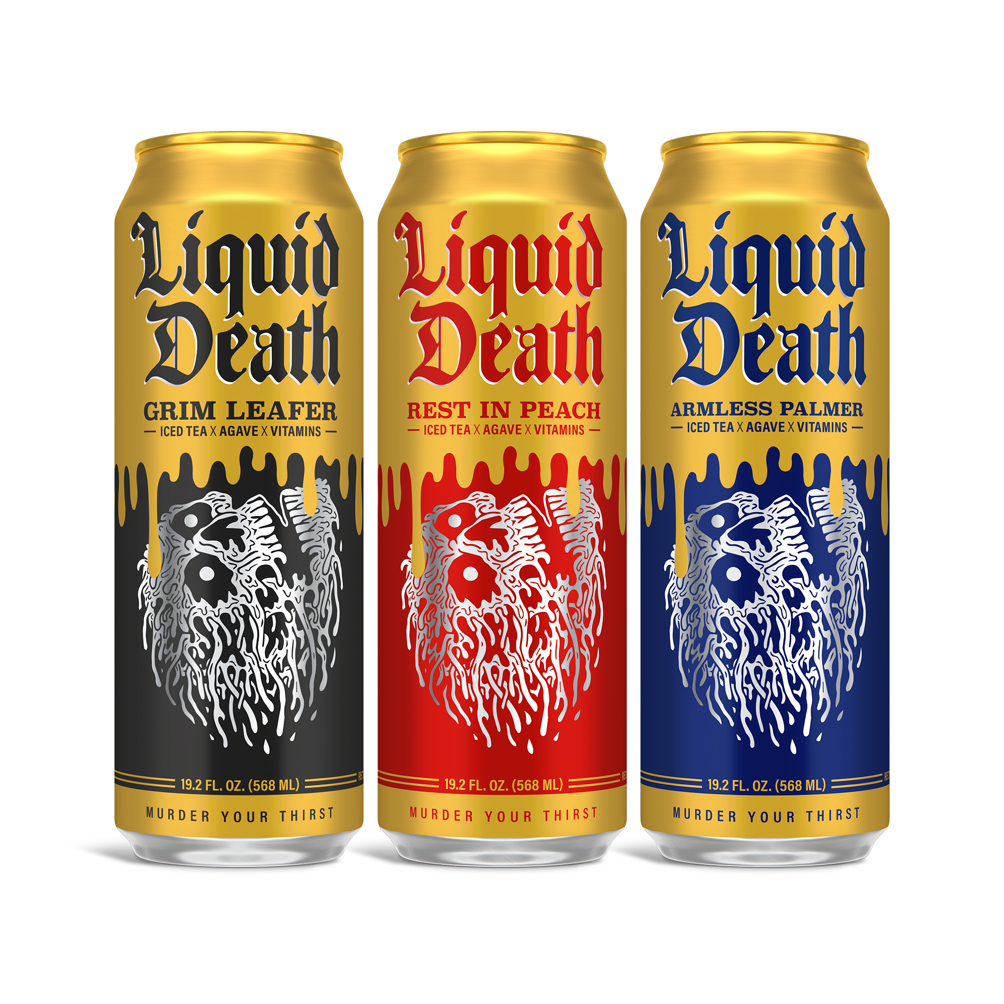 Three cans of Liquid Death iced tea in the flavors Grim Leafer, Rest in Peach, and Armless Palmer.
